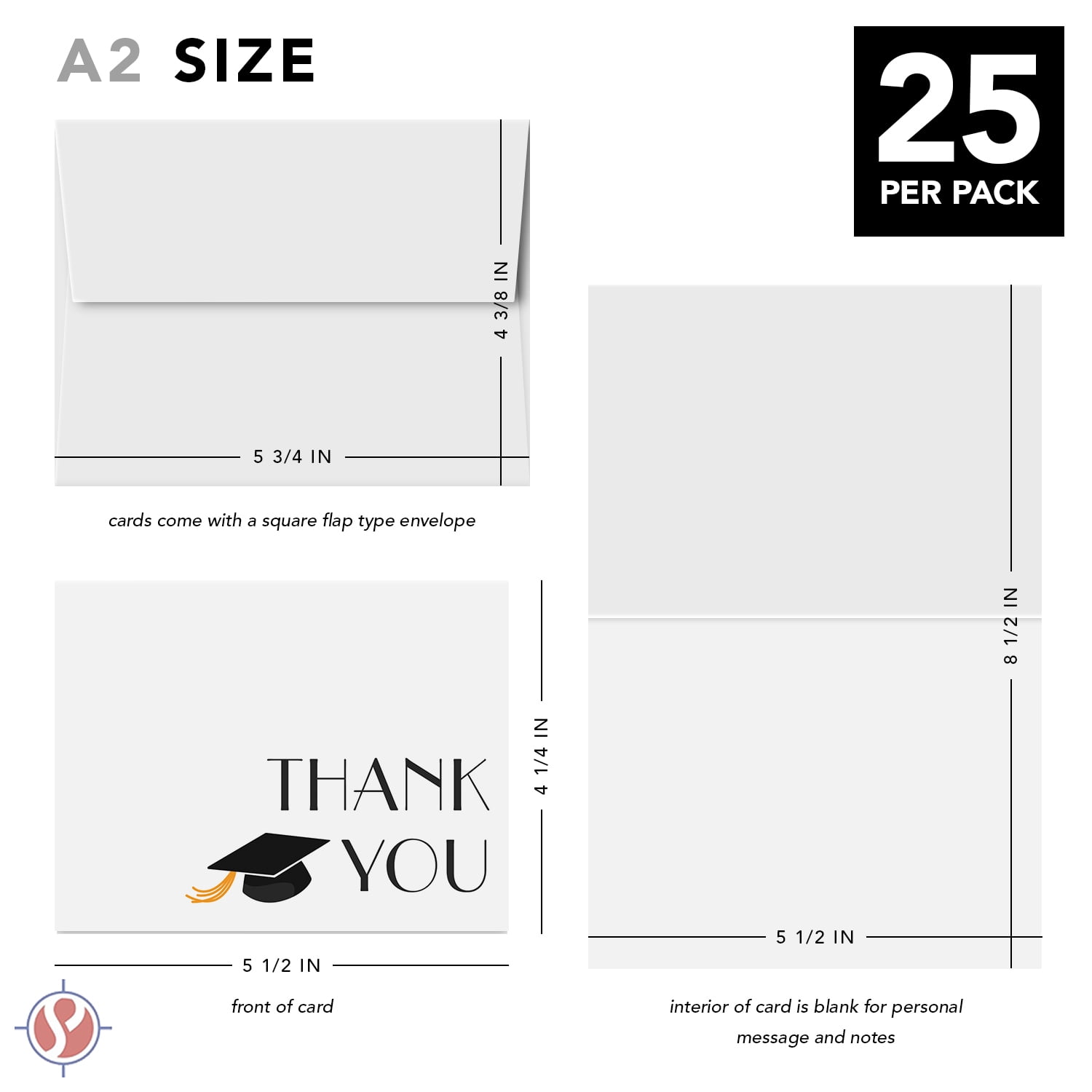 2026 Graduation Thank You Cards – Cute and Stylish Greeting, Appreciation, Celebratory Card | A2 Size – 4.25 x 5.5” When Folded | 80lb Cover (216gsm) | 25 Cards and Envelopes per Pack