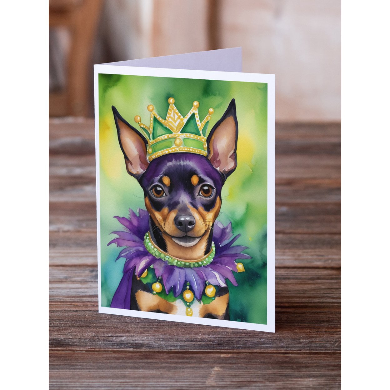 Miniature Pinscher King of Mardi Gras Greeting Cards Pack of 8 7 in x 5 in