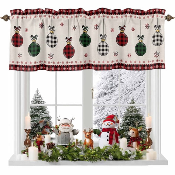 Christmas Bulbs Snowflake Retro Linen Curtain Valances,XMAS Red Buffalo Plaid Small Window Treatment for Kitchen Living Room Bathroom,42" x 18"