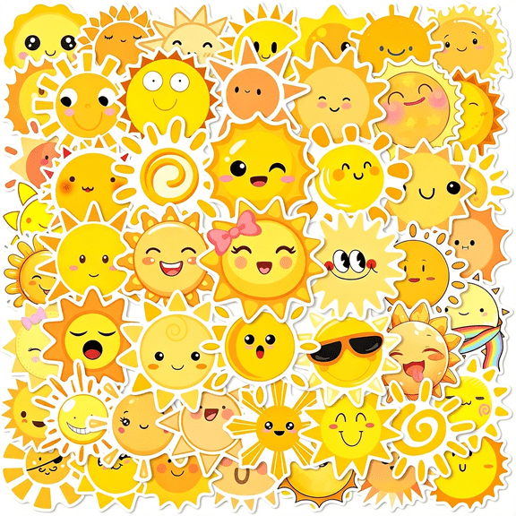 CCOCC 50Pcs Cute Sunshine Stickers for Water Bottle Cartoon Suns Waterproof Vinyl Stickers for Scrapbooks Laptops Phone Backpack Classroom Rewards,Yellow Sun Meme Decals for Teens Adults Teacher