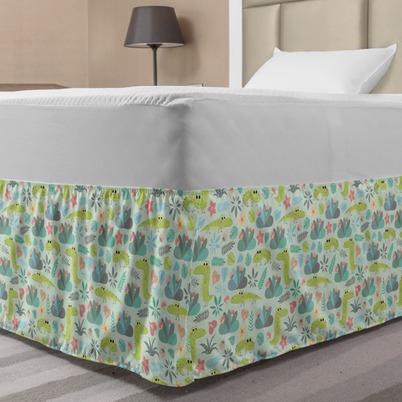 Crocodile Bed Skirt, Composition of Funny Exotic Plantation and Smiling Crawling Creatures, Elastic Bedskirt Dust Ruffle Wrap Around for Bedding Decor, 4 Sizes, Pale Green Multicolor, by Ambesonne