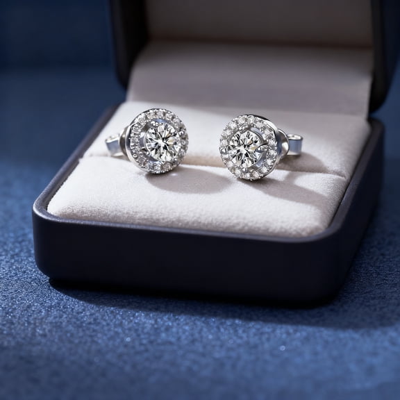 Round Halo Moissanite Stud Earrings 925 Silver 4 Claw Set Sparkling Zircon Earrings for Women Men Christmas Halloween Gifts