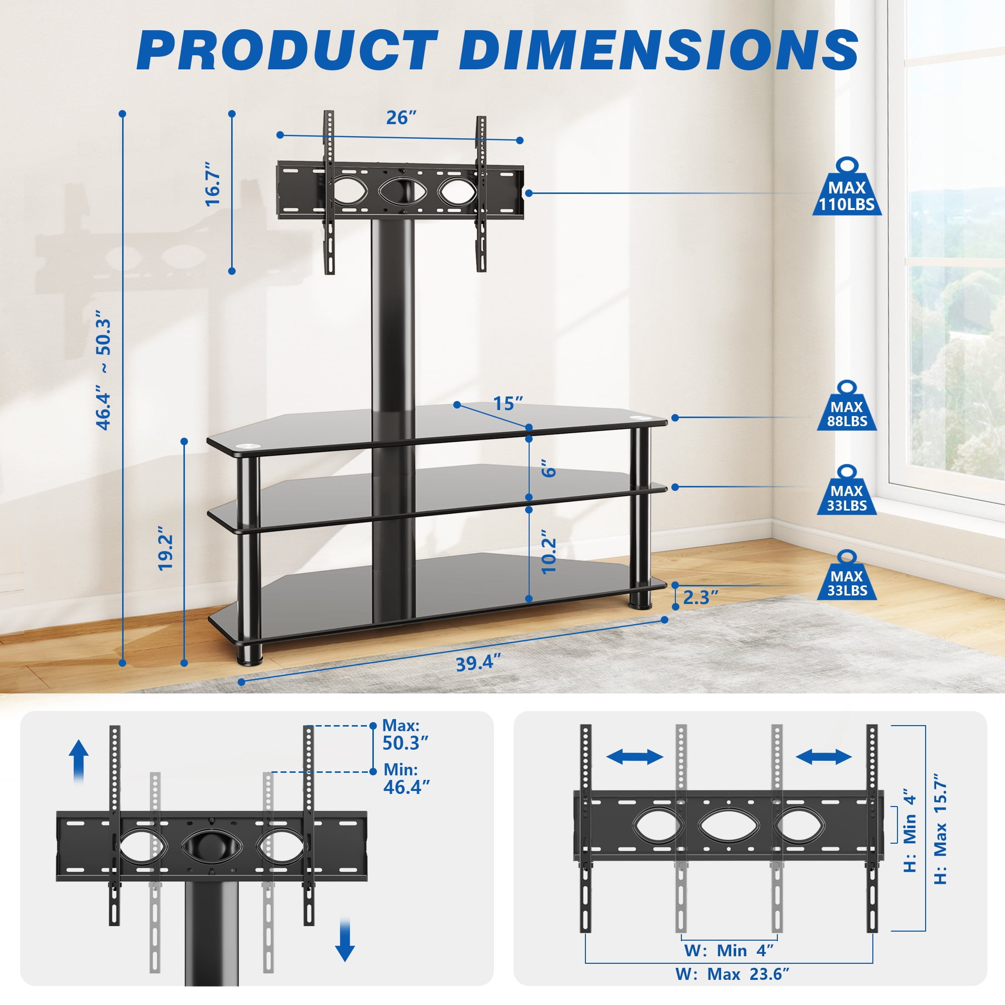 RTVR 3 in 1 Entertainment Center TV Stand with Glass Shelves for up to 70 inch Screens, Swivel Adjustable TV Mount Stand, Max VESA 600X400mm