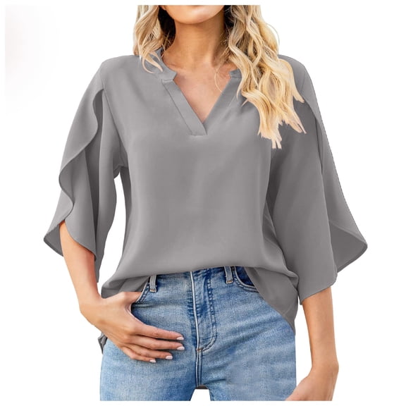 NJGRAE Workout Tops for Women Summer Blouses for Women 2026 Women Fashion Petal Sleeve Tops Loose V Neck Chiffon Shirt Casual Ladies T-Shirts Xl