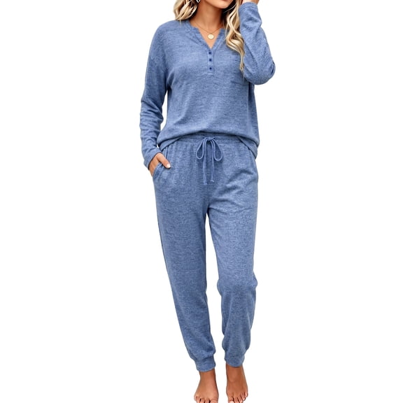 UVN Pajamas Sets for Women Long Sleeve Henley Neck Tops and Pants 2 Piece Outfits Fall Winter Casual Sleepwear Pjs Lounge Sets