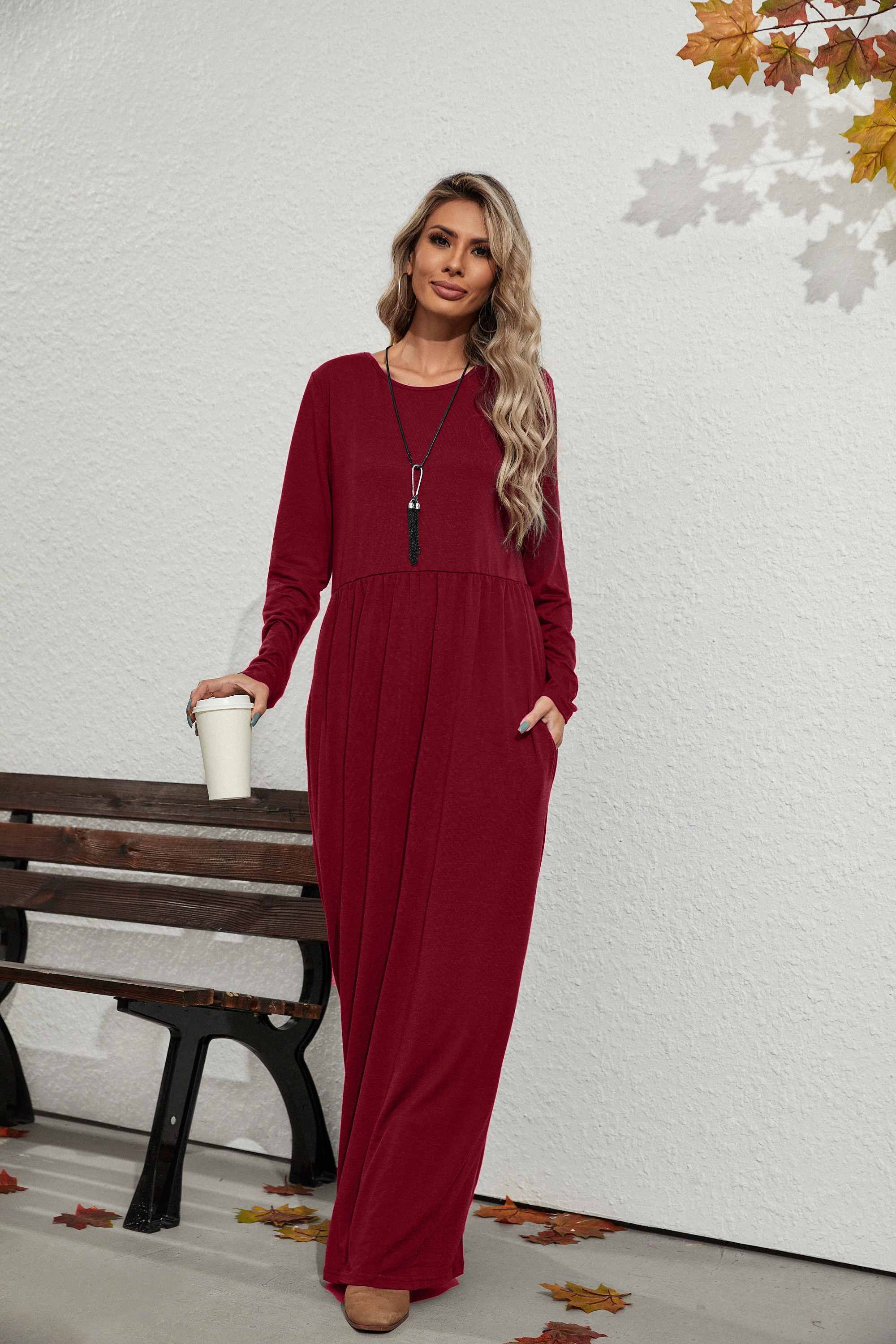 Women Long Sleeve Loose Plain Maxi Dresses Casual Long Dresses with
