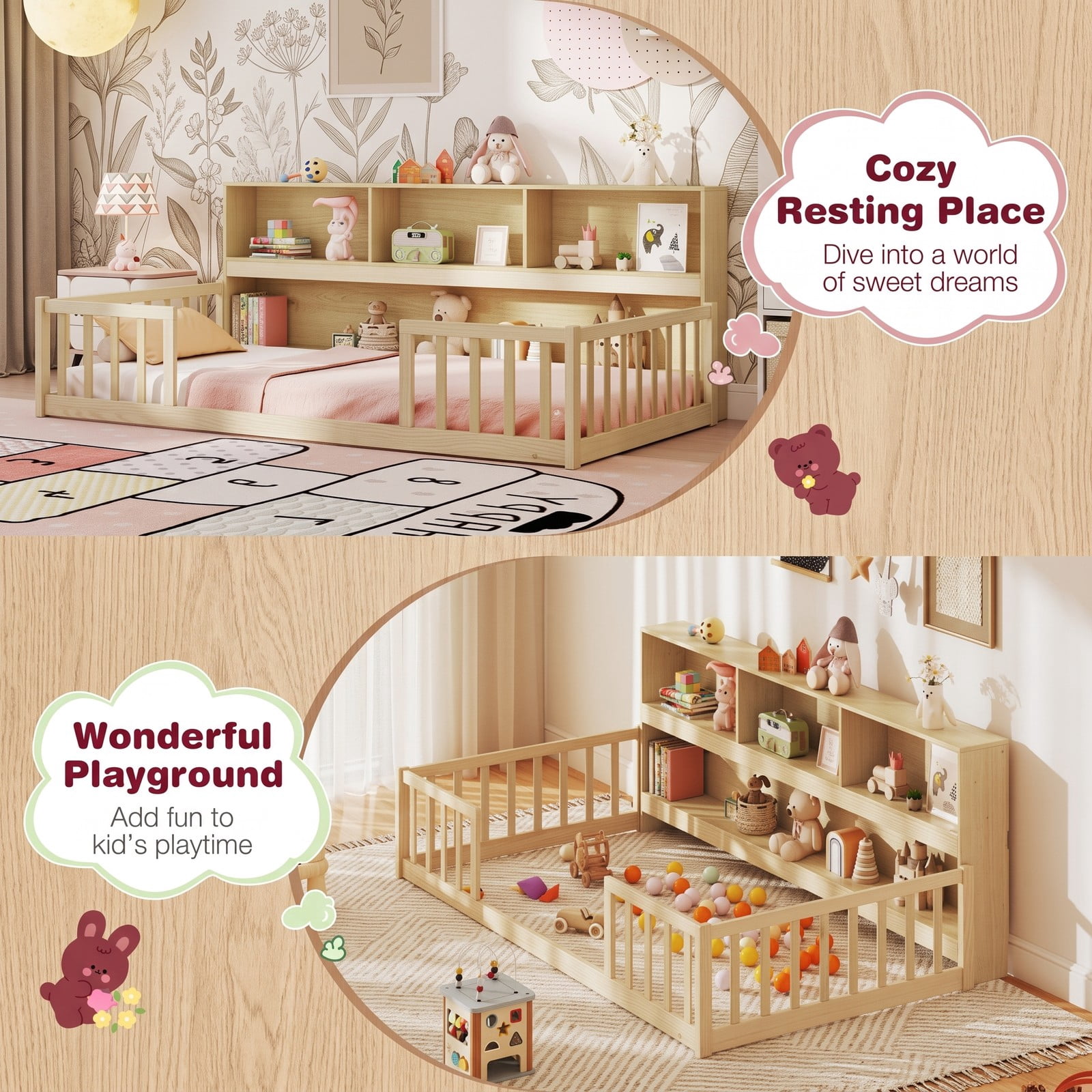 Furnibear Full Size Montessori Floor Bed Frame with Bookcase Headboard and Full Length House Rails for Kids Room, Natural
