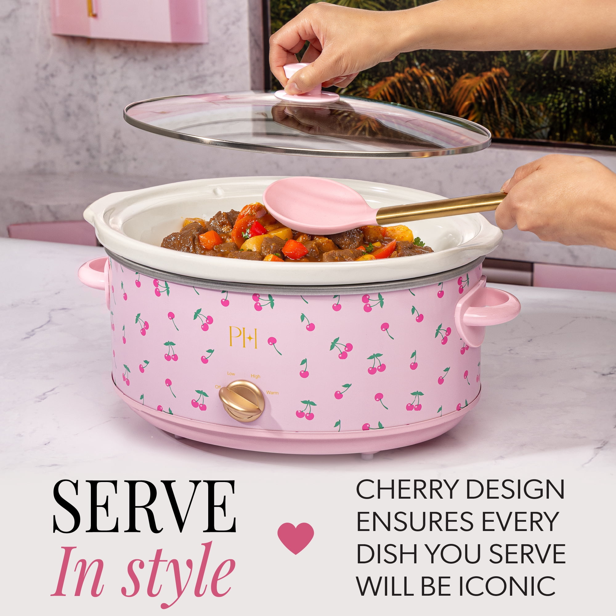 Paris Hilton 7-Quart Manual Slow Cooker with Removable Stoneware Pot and Tempered Glass Lid, 3 Heat Settings, Cherry Design, Pink