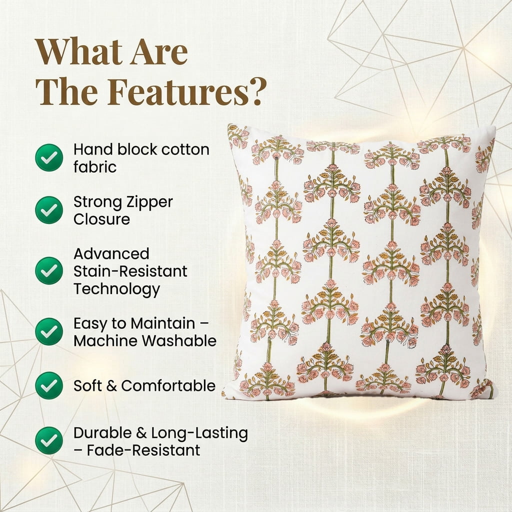 SHOPCREW Hand Block Printed Cotton Cushion Covers with Zipper Closure, Decorative Throw Pillow Covers for Sofa Couch Bed, 20x20 Inches, Pack of 4 - Heritage Garden Spire