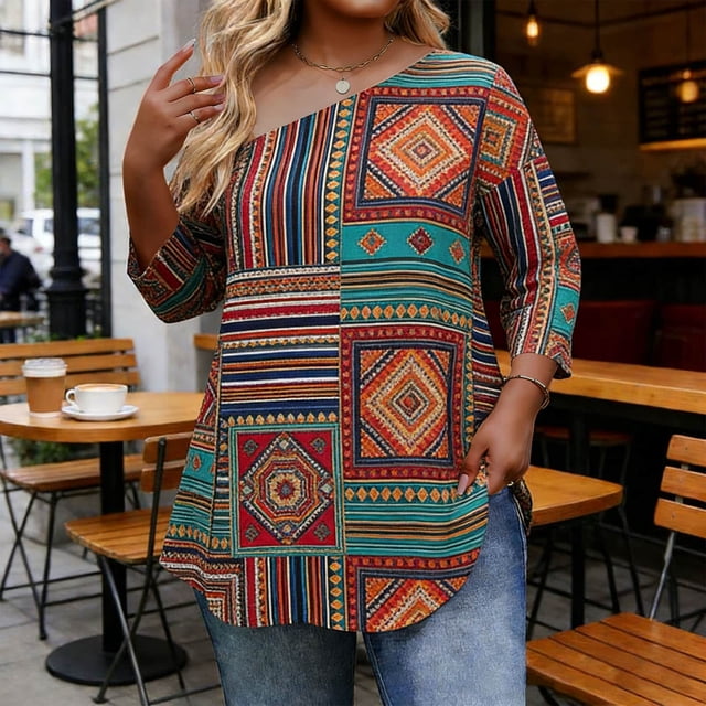 TaTaai Ladies Southern European Style Printed Off Shoulder Long Sleeve Top Double Layer Detail Four-Way Stretch Soft Breathable Flowy Casual Vacation Daily Wear Blouse Gift