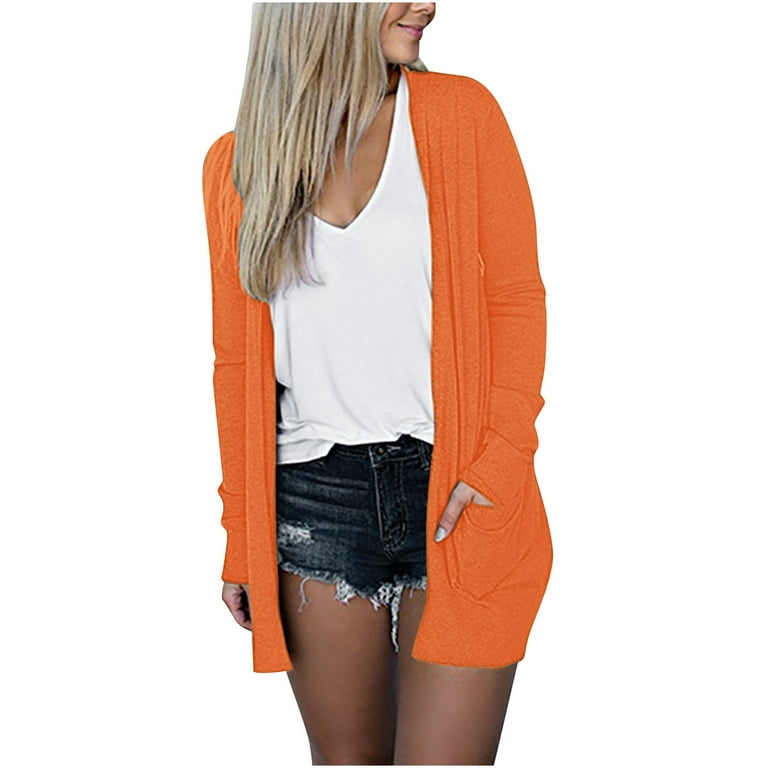 VSSSJ Womens Long Sleeve Open Front Long Duster Cardigan Casual Solid Color Loose Comfy Classic Lightweight Outerwear with Pockets Orange S