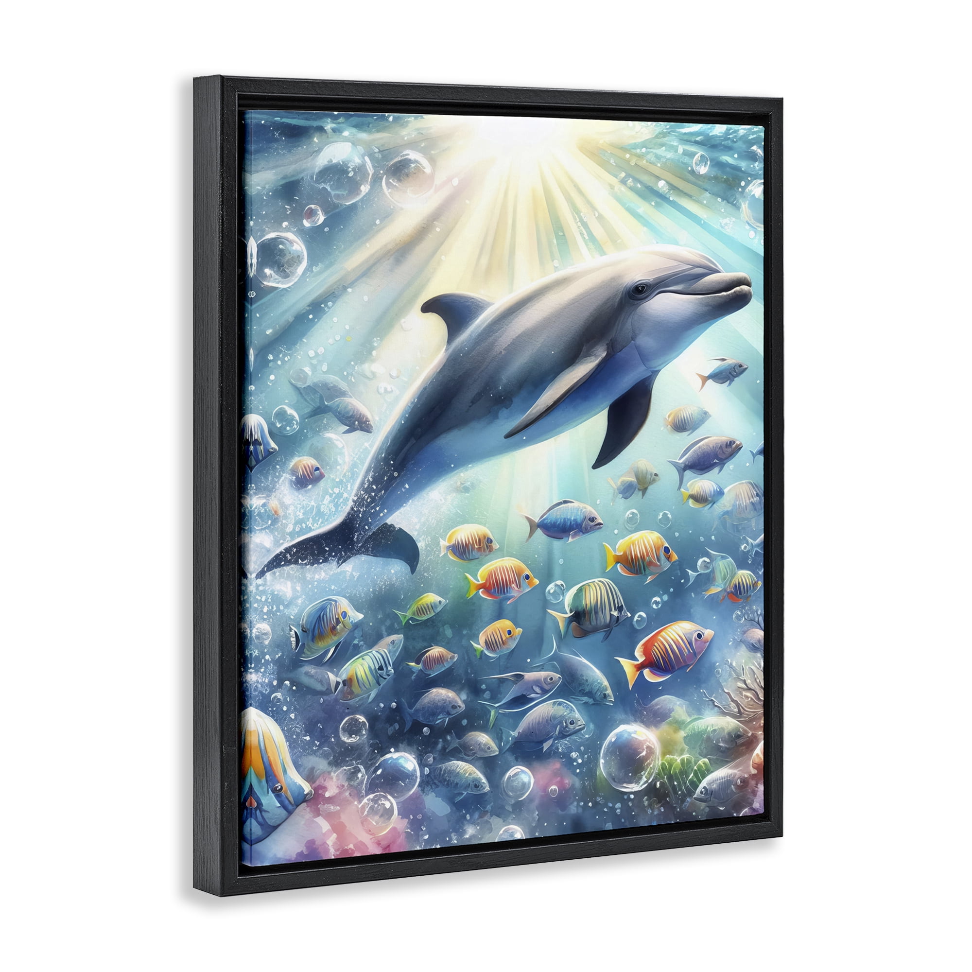Stupell Industries Dolphin Among Sea Life Nautical & Beach Painting Black Floater Framed Canvas Art Print Wall Art, 25 x 31