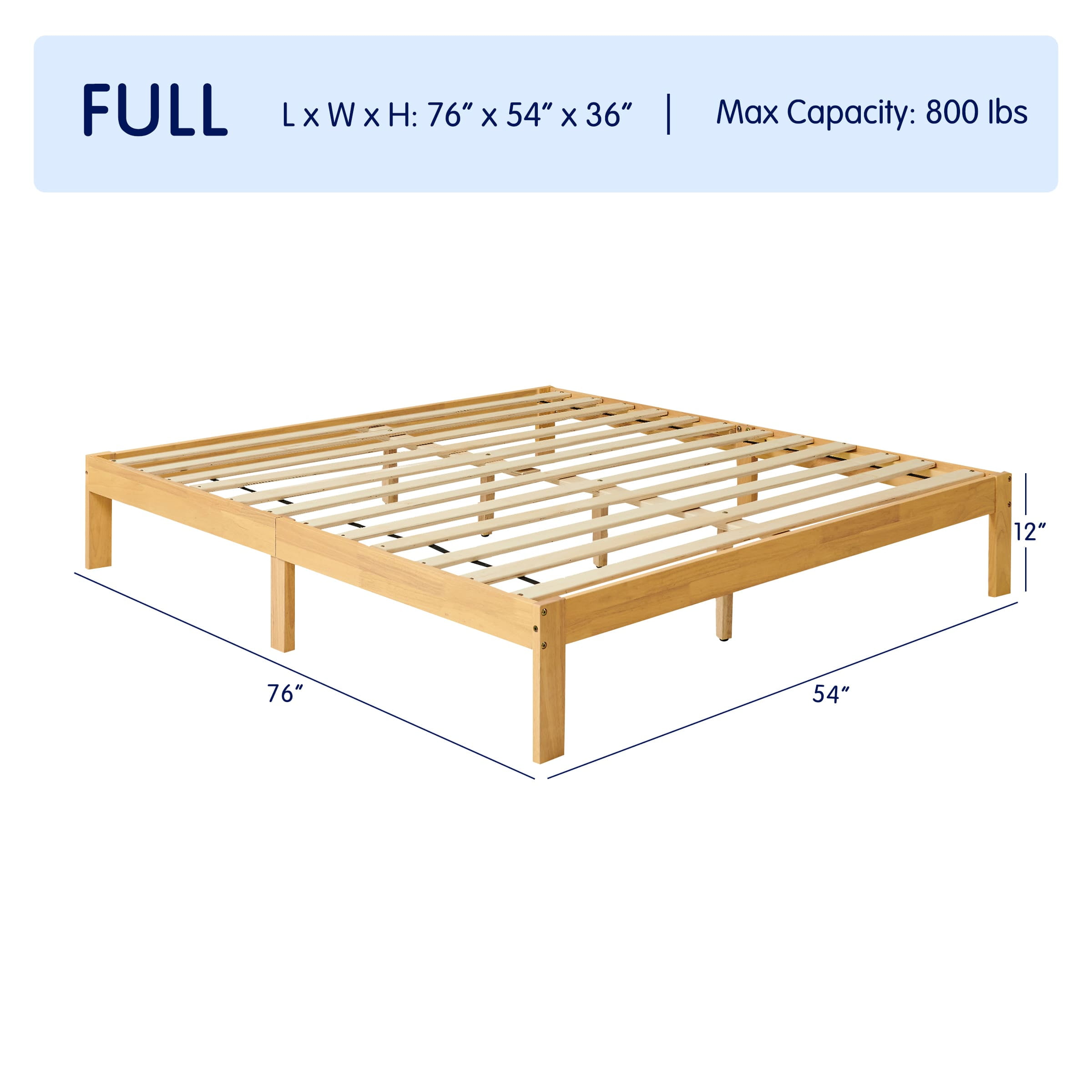Subrtex 12" Solid Wood Platform Bed Frame with Wooden Slats, Natural Wood, Full