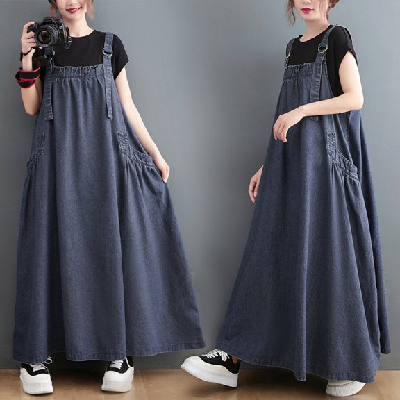 Joernso Women's Denim Overall Dress Loose Sleeveless Boho Jean Jumper Dress with Pockets Wide Hem Pinafore Dress with Adjustable Strap