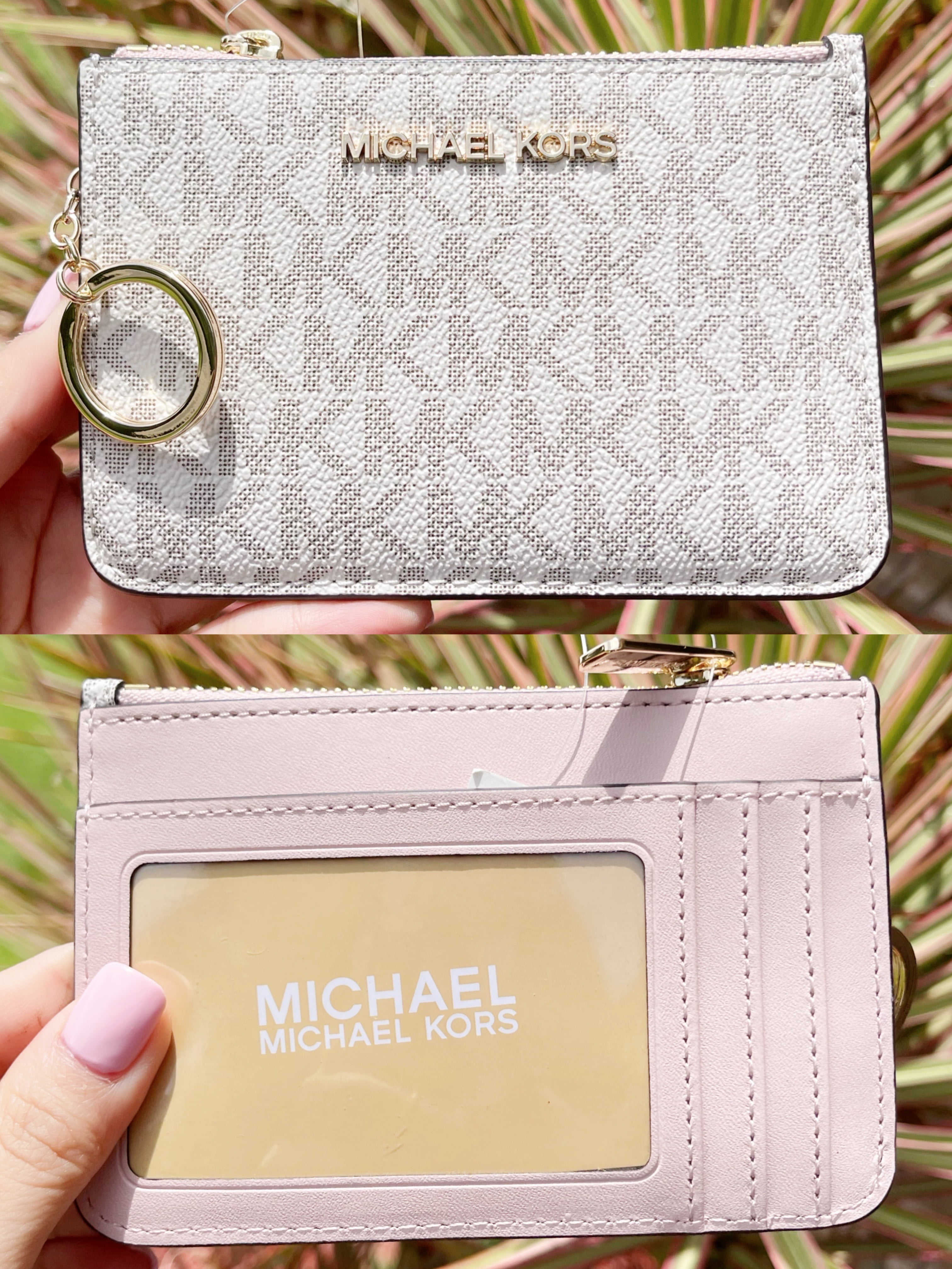 Michael Kors Key Ring Top Zip Coin Pouch Id Card Holder Vanilla Pink Wallet  … 