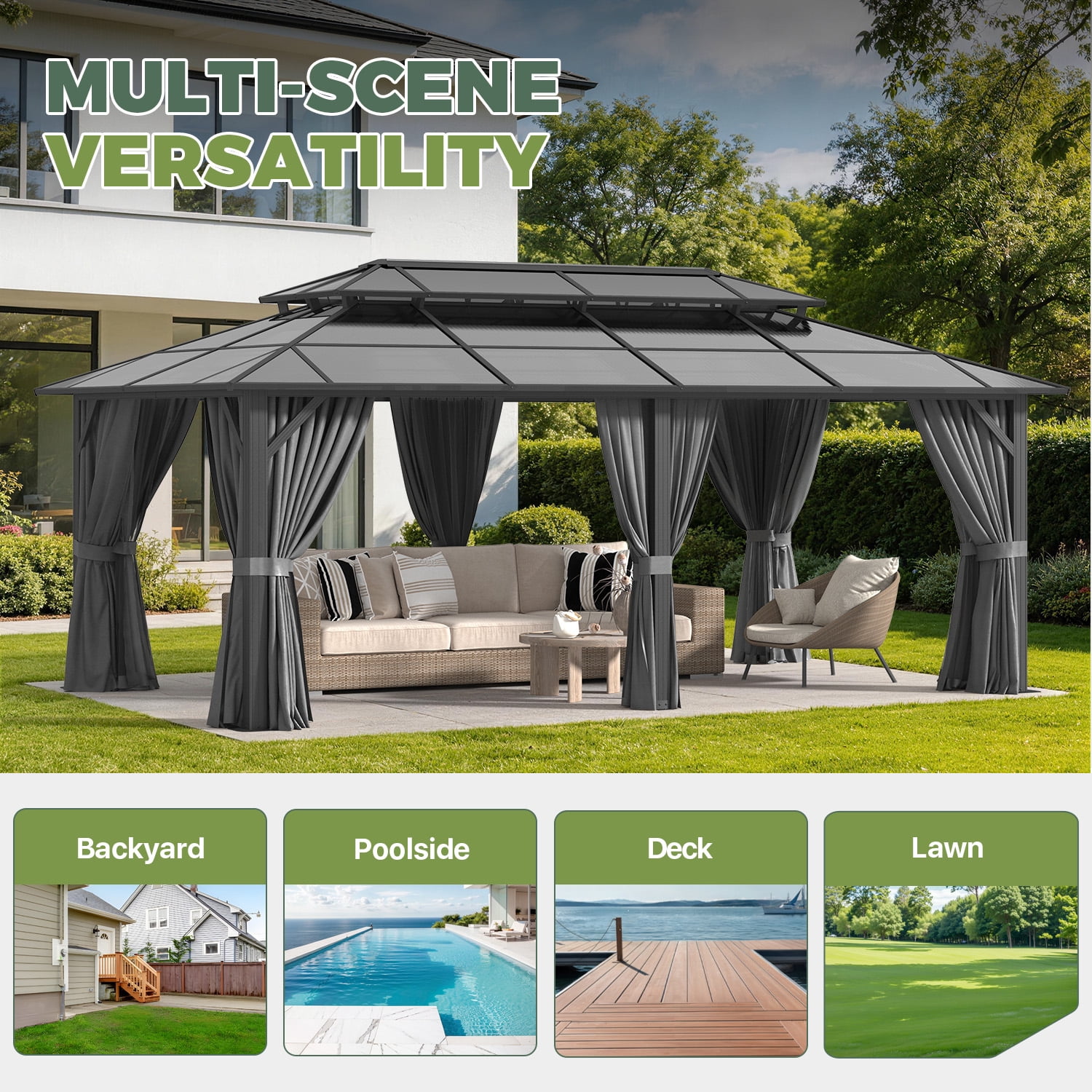 BaPiPro 20x12 FT Outdoor Gazebo, Double Roof Polycarbonate Hardtop, Iron Frame, Black & Gray, UV Protected, Weather Resistant, for Patio Backyard Deck Lawn