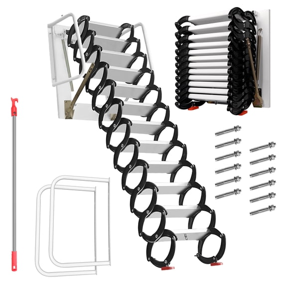 Muweixin Wall Mount Pull-Down Attic Stairs, 12-Step Telescopic Loft Ladder, 1102 lbs, 118in, Titanium-Magnesium Alloy Foldable Ladder for Attic, Garage