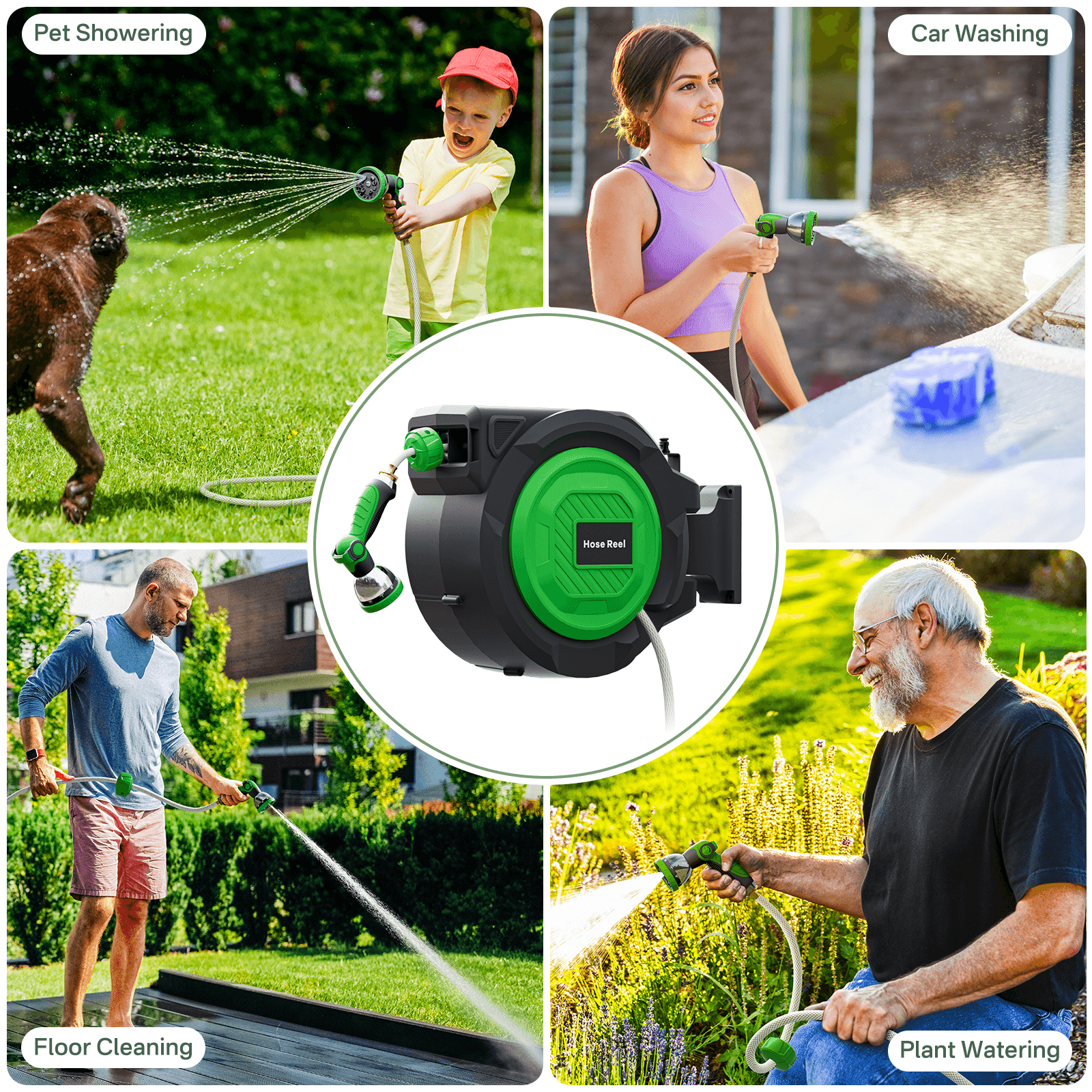 Fitfort Retractable Hose Reel, 100ft Wall-Mounted Water Reel with Auto Rewind and 10-Pattern Spray Nozzle, Heavy Duty for Garden & Car Wash