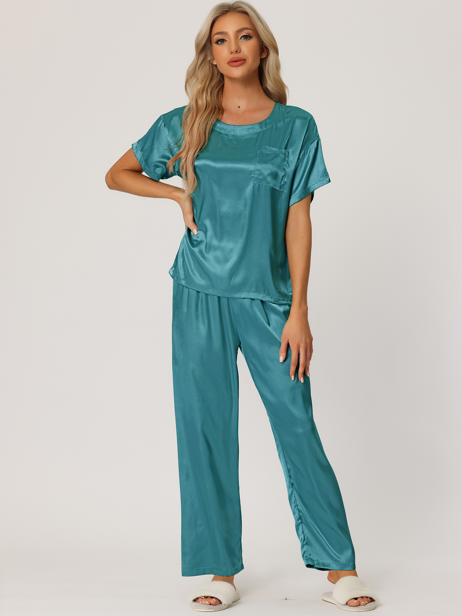 DARING DIVA Women's Satin Pajamas Sleepwear Summer Outfits Short Sleeves Tops S Peacock Green