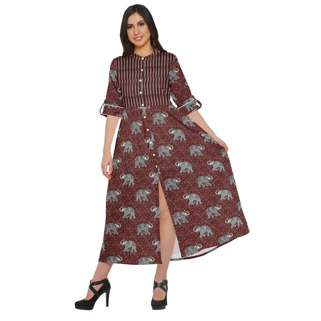 Moomaya Printed Roll Up Sleeve Long Kurti Front Slit Tunic Dress For Women