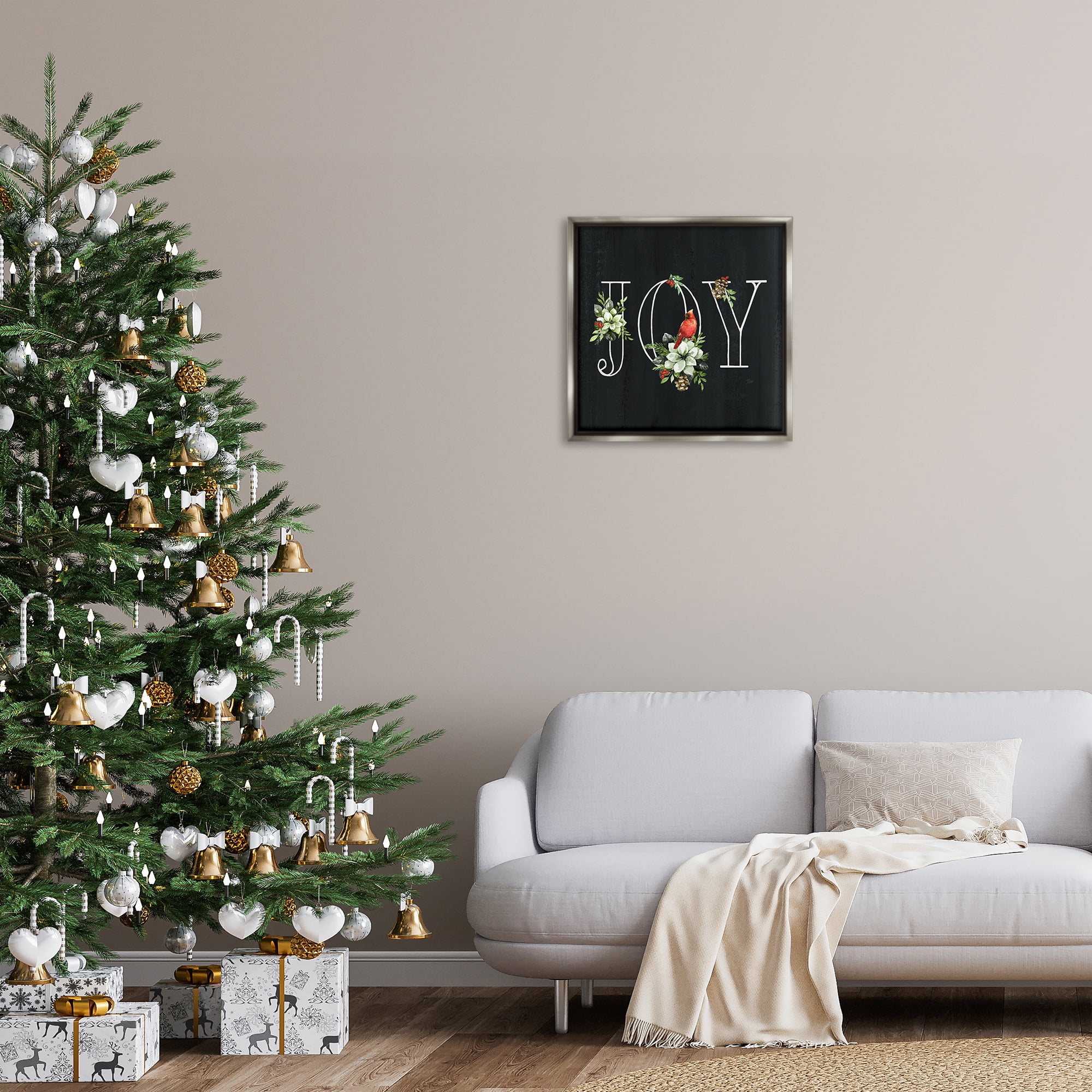 Stupell Industries Joy Letters with Florals Holiday Painting Gray Floater Framed Canvas Art Prints Wall Art, 25 x 25