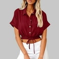 thumbnail image 2 of Miqool Womens Button Down Cropped Linen Shirts Rolled Short Sleeve V Neck Collared Dressy Casual Blouses Drawstring Crop Tops with Pocket S-3XL, 2 of 6