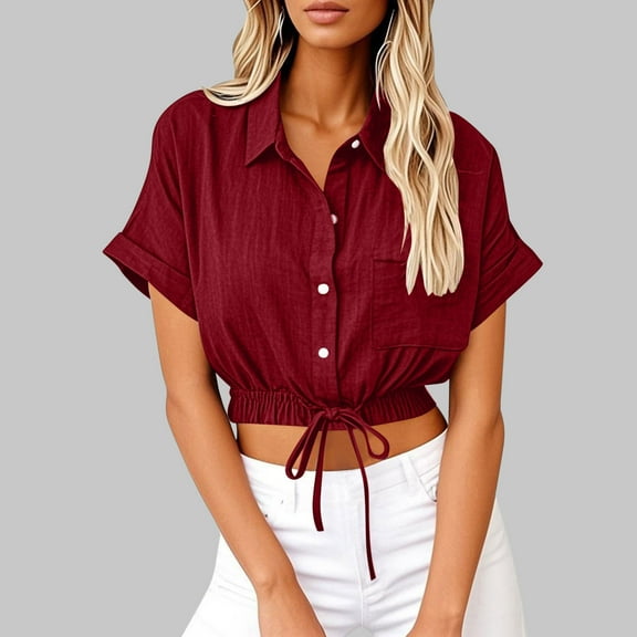 Ndbuld Women Shirts Womens Toos Women's Lapel Short Sleeve Loose Button Cotton And Linen Tunic Summer Work Clothes Short Shirt Blouse Wine,S