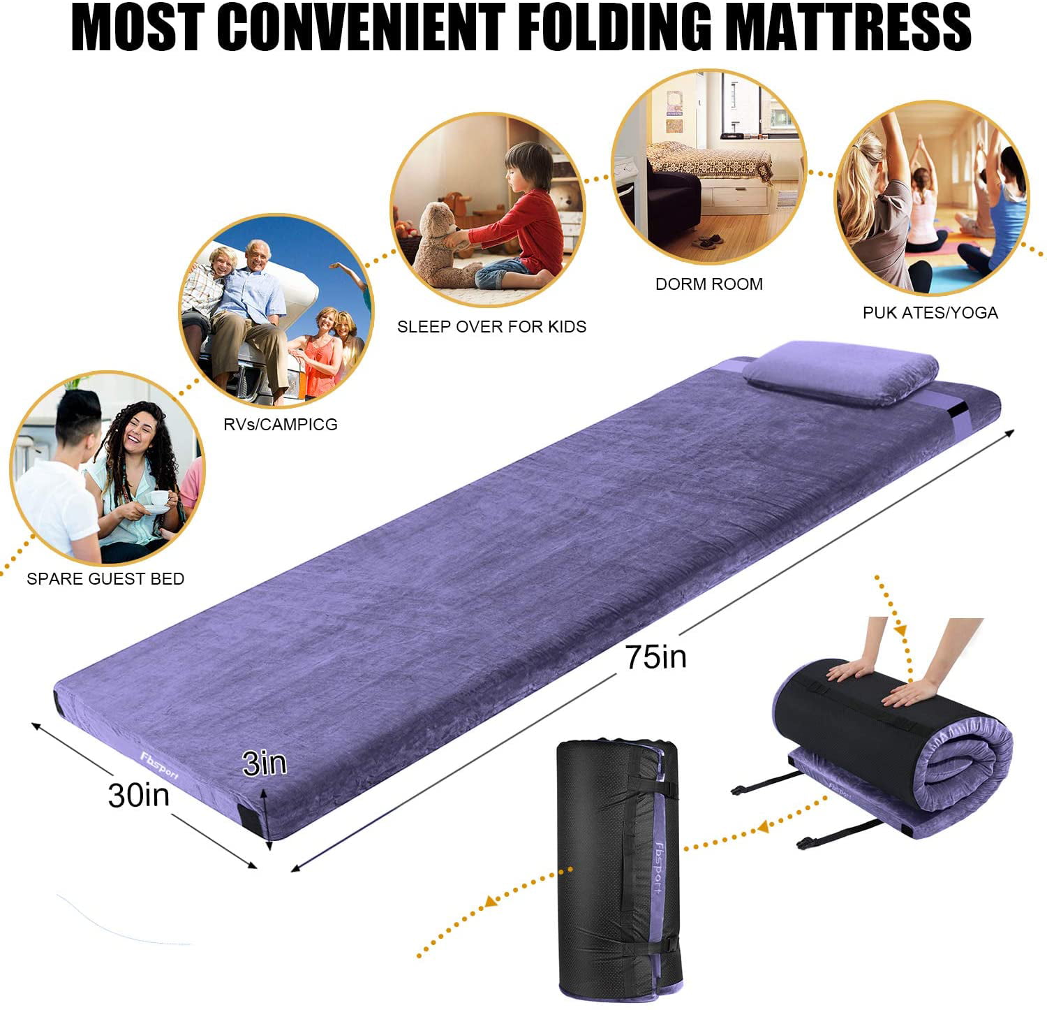 FBSPORT Memory Foam Floor Mattress with Pillow Camping Mattress/Car Travel Mat/Roll-Up Guest Bed/Portable Sleeping Pad Adult with Removable Waterproof Cotton Terry Cover and Bag
