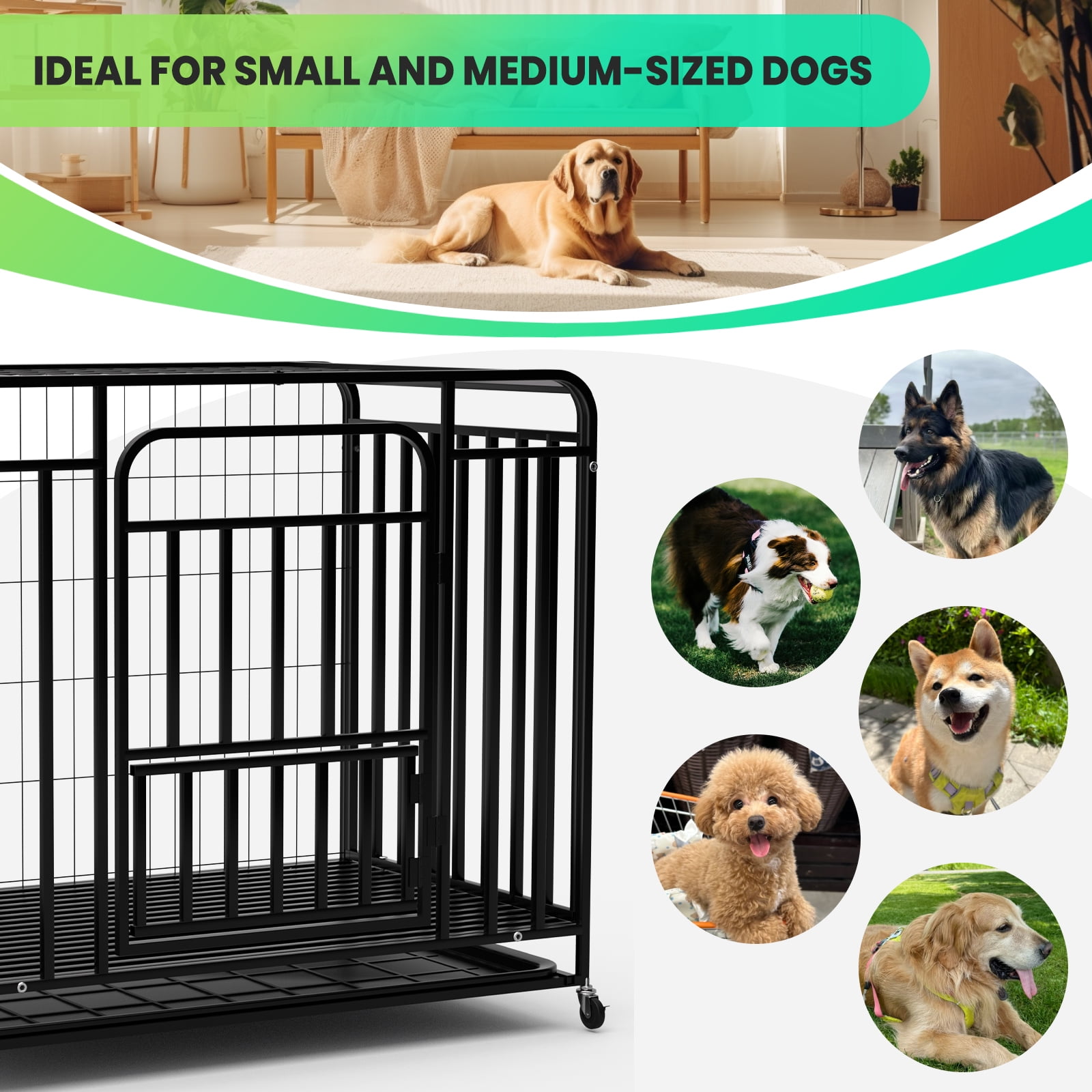 38" Dog Crates, Folding Metal Dog Cage, Heavy Duty Indestructible Dog Crate with Wheels, Dog Kennel Indoor for Multi-Pet Home & Grooming Shop
