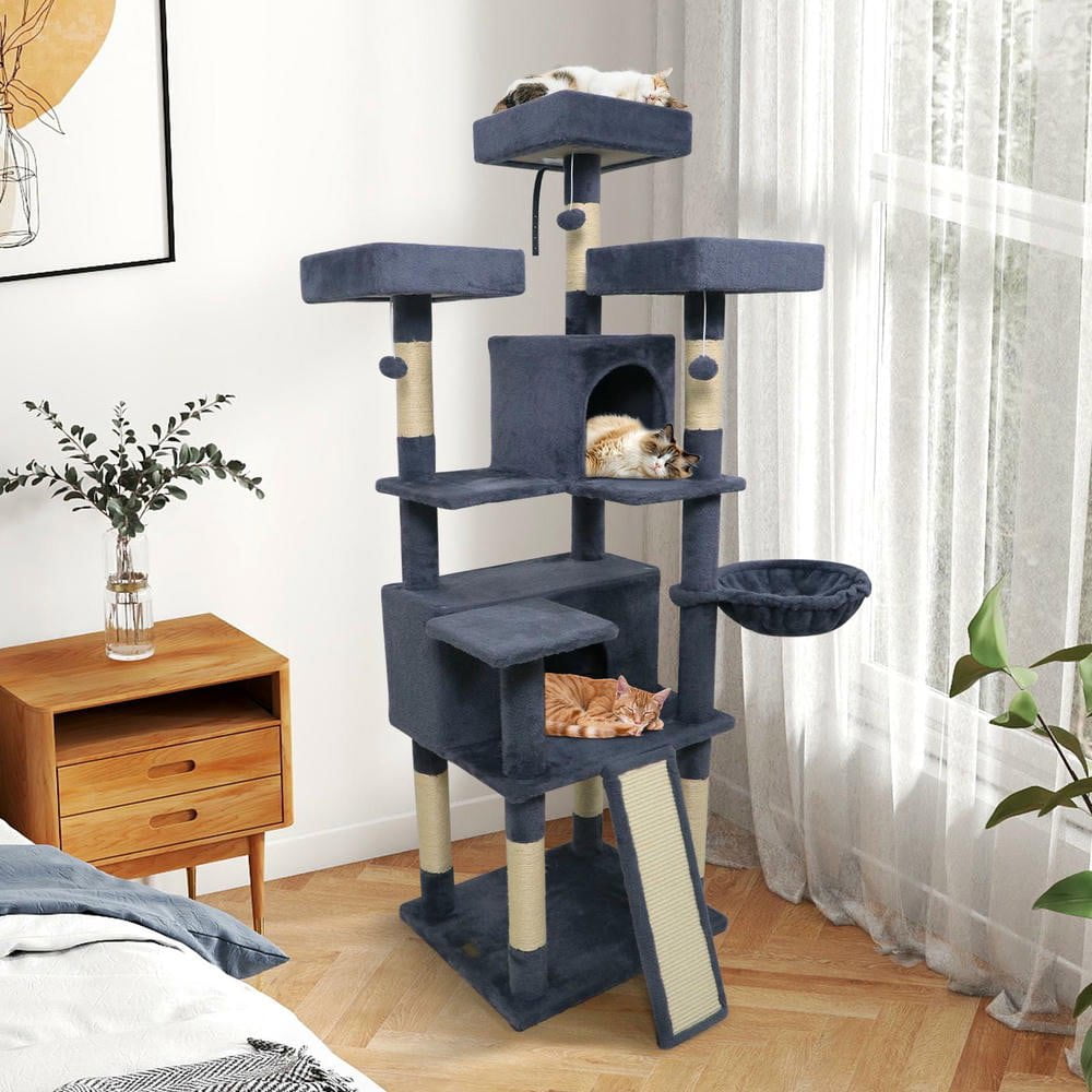 Resenkose 65-Inch Tall Multi-Level Cat Tree with 3 Upholstered Perches and 2 Spacious Cat Condos, Dark Gray