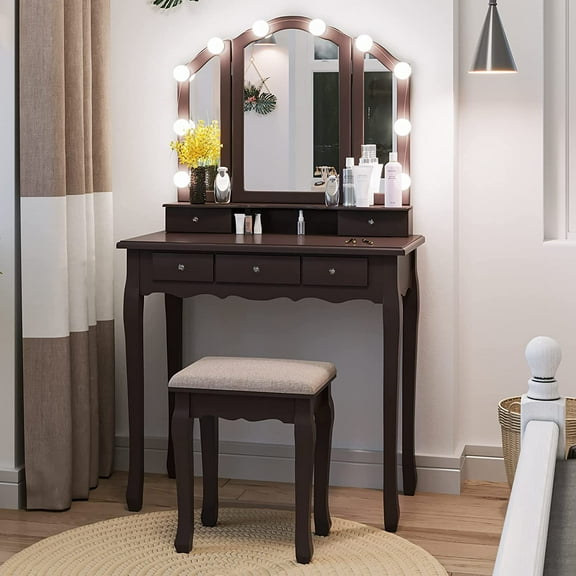 AMUZER Vanity Set with Cushioned Stool and Lights, Dressing Desk Makeup Vanity Table for Living Room, Brown