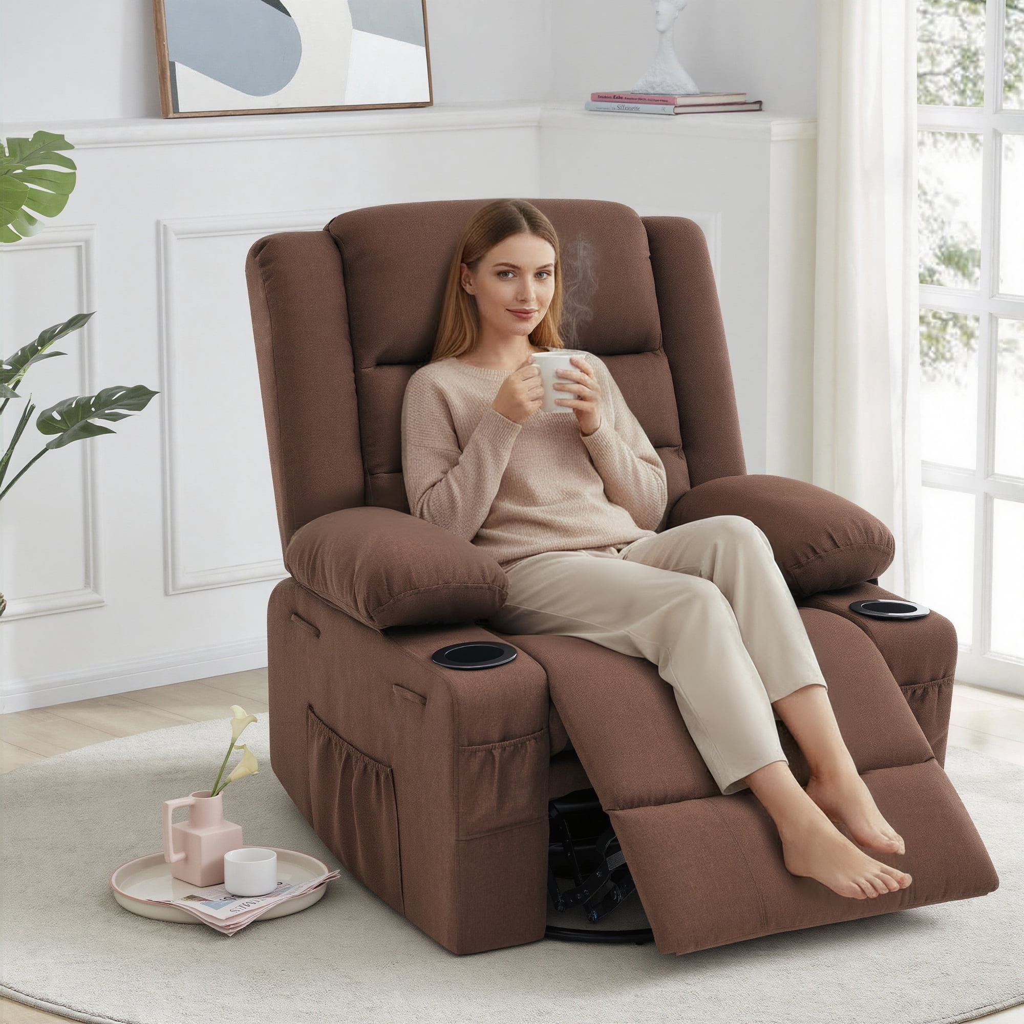 GAOHAPY Rocker Recliner Chair,360° Swivel Recliner Chair for Adults,Oversized Single Sofa Seat with Cup Holders,Recliner Single Sofa with Side Pocket(Brown)