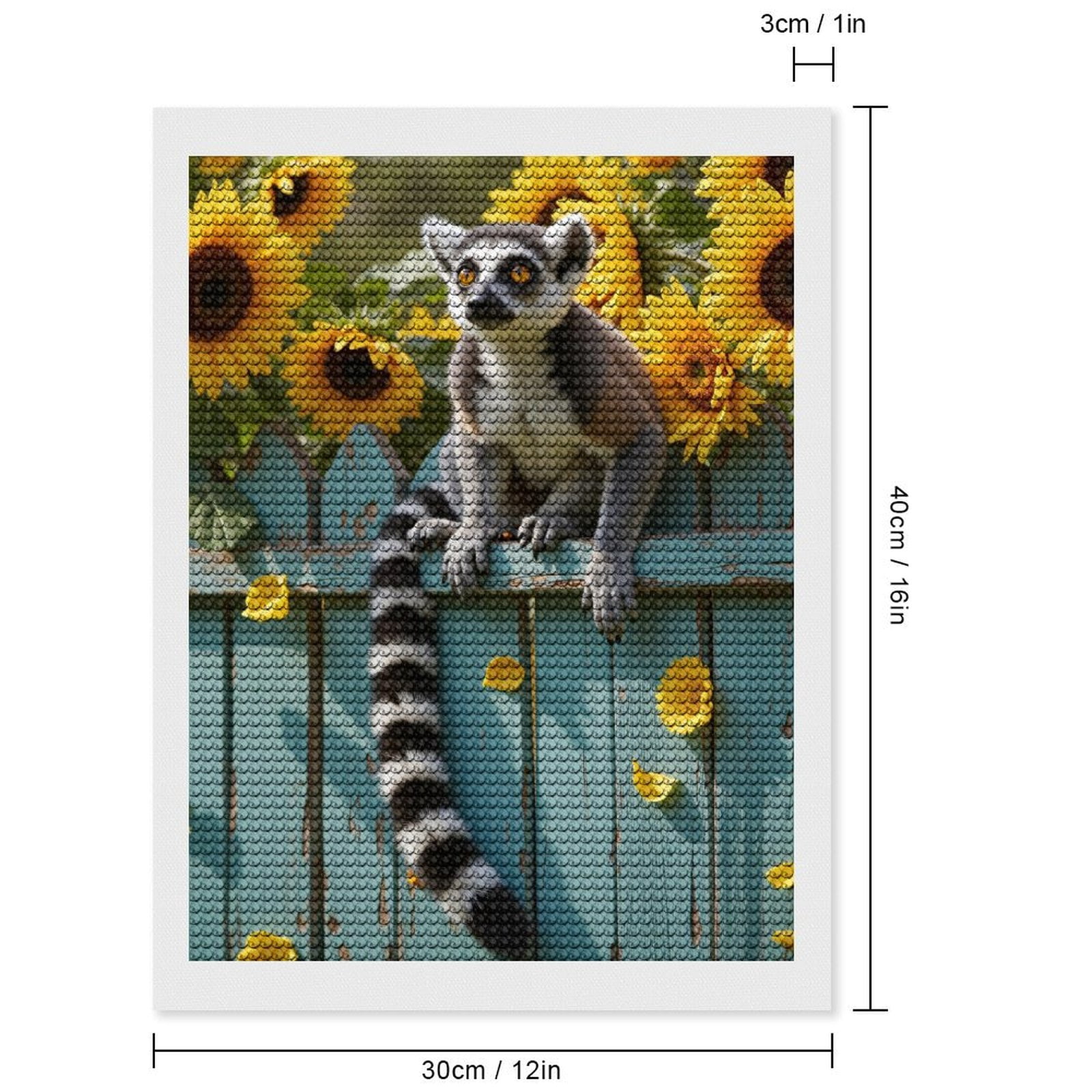 Diamond Art Kits for Adults, Lemur Sunflowers Fence Bright Scene 5D Diamond Painting Kits for Adults Beginners, DIY Full Drill Diamond Painting, Gem Art and Crafts 12x16