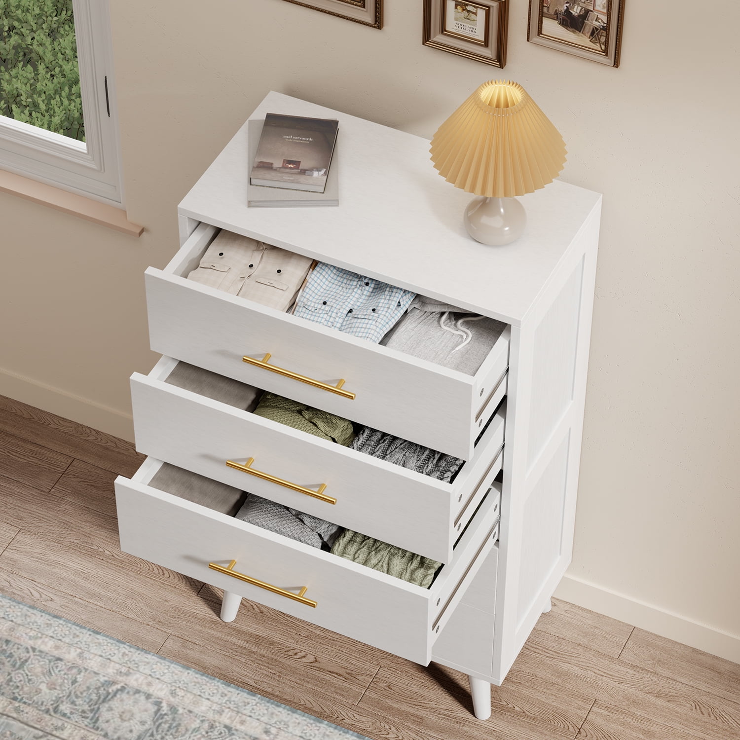 Dresser for Bedroom, Lofka 5 Drawers Dresser Gold Metal Handle, Wood Storage Cabinet for Living Room, White