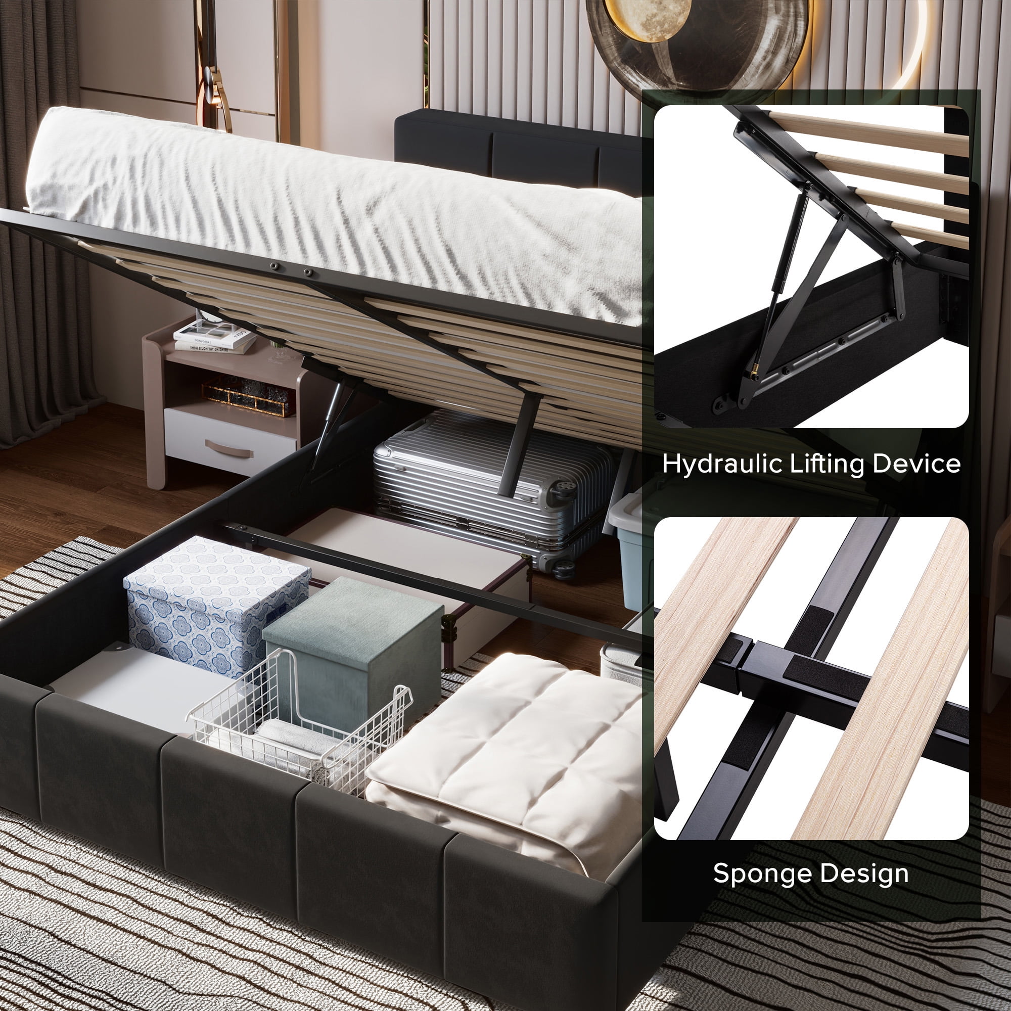 Einfach Queen Size Storage Bed Frame, Lift Up Velvet Platform Bed with Adjustable Upholstered Headboard, No Box Spring Needed, Black