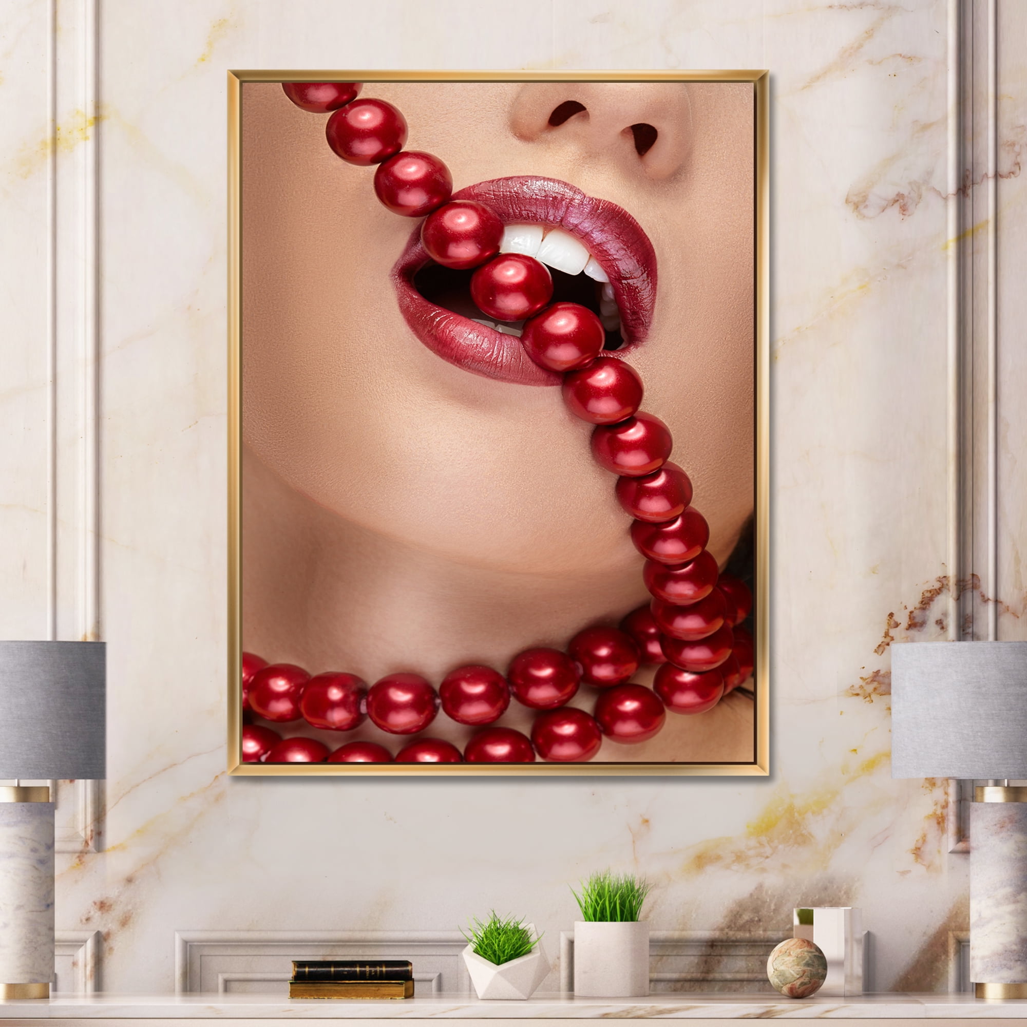 Designart 'Girl Mouth With Red Lipstick Biting Red Pearls' Modern Framed Canvas Wall Art Print