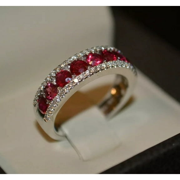 2.90Ct Round Cut Lab Created Red Ruby Wedding Band Ring 14K White Gold Plated