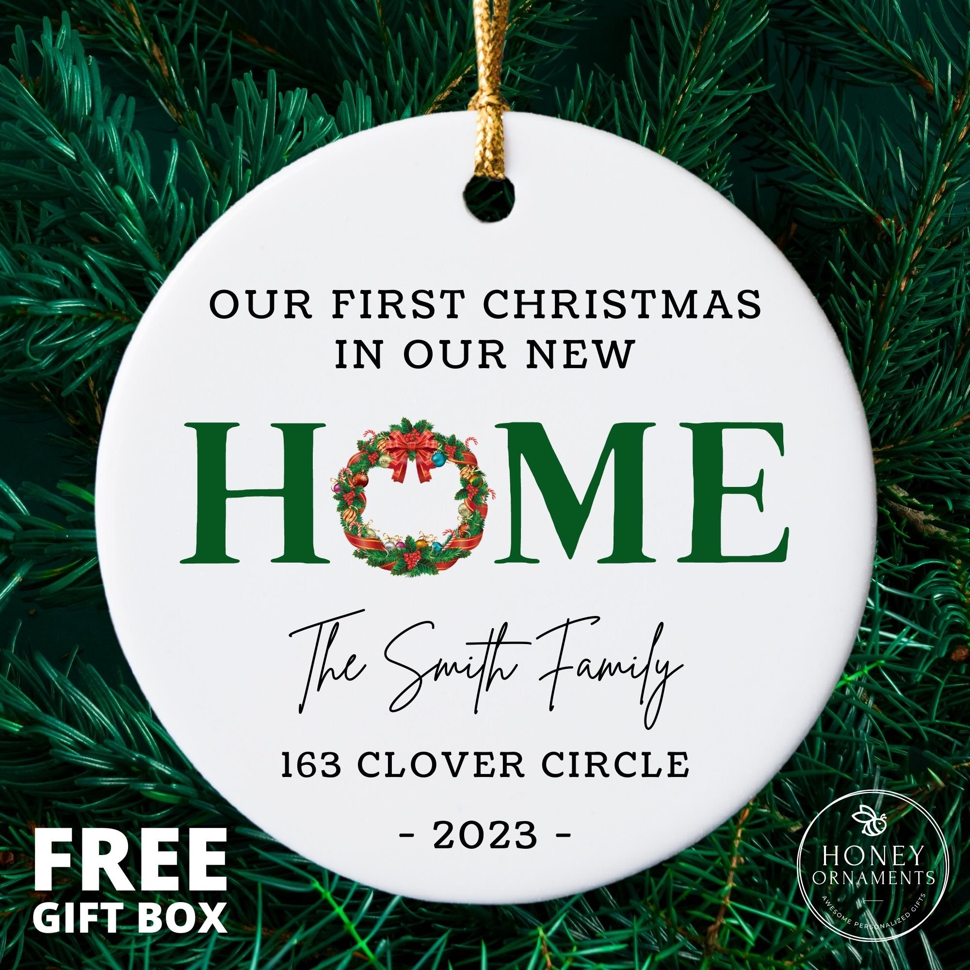Personalized New Address Ornament — Wreath Design New Home Christmas Keepsake Gift