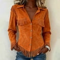 thumbnail image 2 of QHFBli Womens Fringe Suede Western Cowgirl Shirts Vintage Long Sleeve Button Down Rodeo Tops Slim Fit Country Concert Jacket, 2 of 4