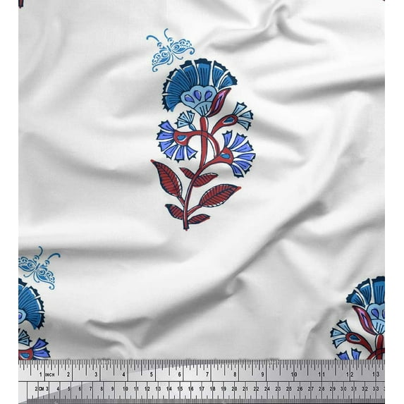 Soimoi Blue Rayon Crepe Fabric Insect,Leaves & Floral Block Print Fabric by Yard 46 Inch Wide