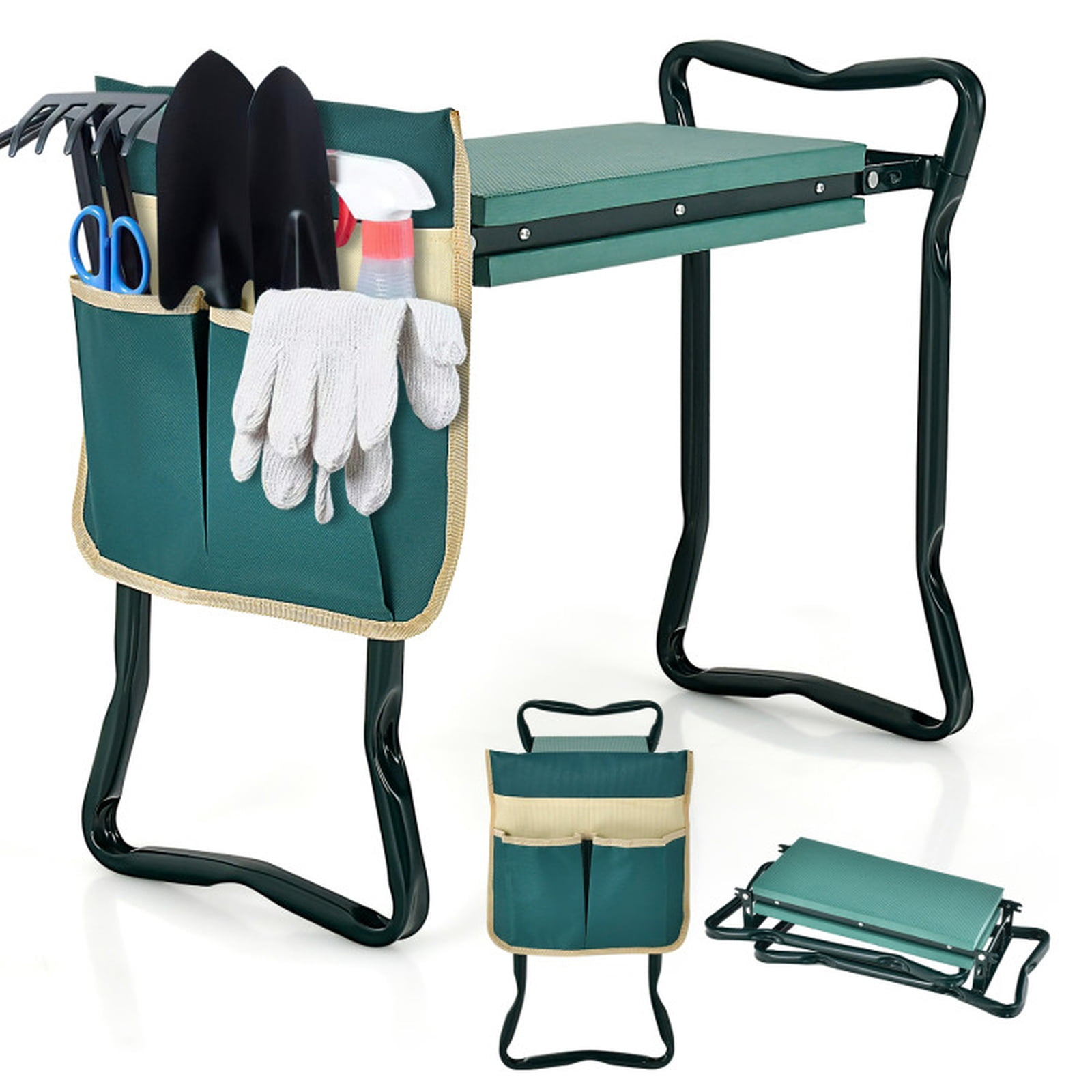 Biotree Folding Garden Kneeler Seat with Cushion Pad and Tool Pouch 300 lbs Capacity Sturdy Steel Frame Green - Compact Outdoor Gardening Bench for Adults