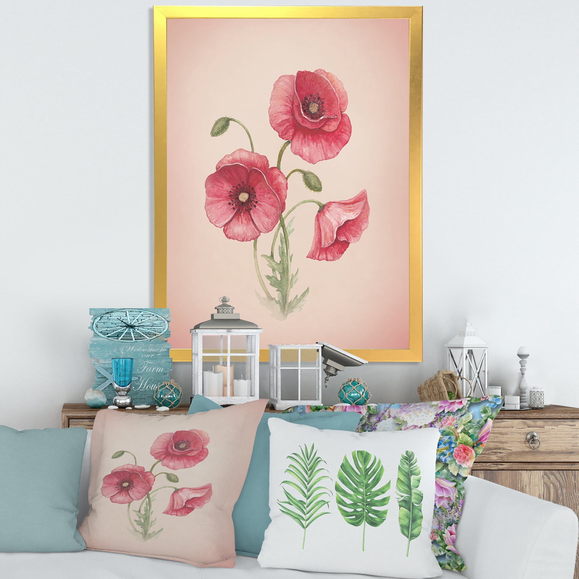 Designart 'Poppy Retro Flowers' Vintage Framed Art Print