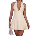 thumbnail image 3 of Vestido Mini de Mujer con Cuello Halter, Lazo y Escote en V Profundo, Sin Mangas y Espalda Descubierta, Corte A, Fluido, para Cóctel o Fiesta Albaricoque L, 3 of 10