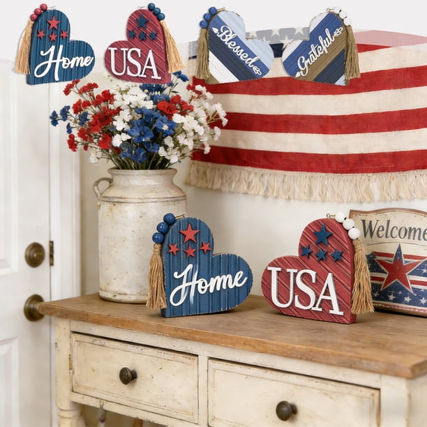 Set de decoración de madera patriótica – Mesa de mesa del Día de la Independencia en pack de 2, estampado de EE. UU. y hogar, madera rústica multicolor, 5,9x5,9 pulgadas, exposición del 4 de julio