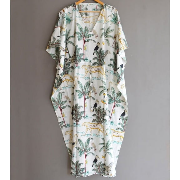 Jungle Print Cotton Fabric Indian Kaftan Dress Long Top Caftan, Dress Beach Wear Cover up, Printed Sleepwear Maxi Dress Boho Kimono Robe