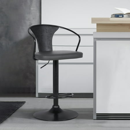 Eagle Contemporary Adjustable Barstool in Black Powder Coated Finish with Grey Faux Leather and Black Brushed Wood Finish Back
