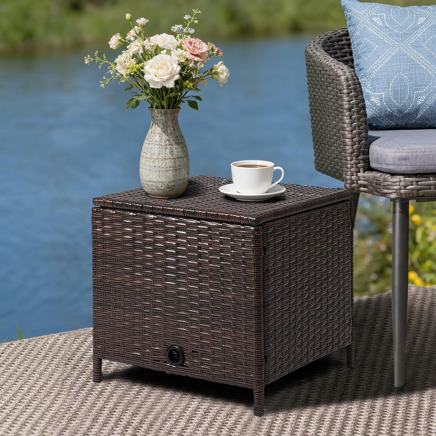 Decorative Garden Hose Storage Box with Lid, Weather Resistant Handwoven PE Rattan Water Hose Holder, Storage For Garden Tools, 200FT 5/8'' Hose Capacity