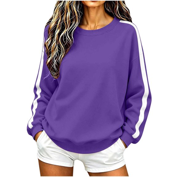 NominalSnug Womens Fleece Lined Crew Neck Sweatshirts Long Sleeve Stripe Pullover Tops Loose Fit Fall Outfits