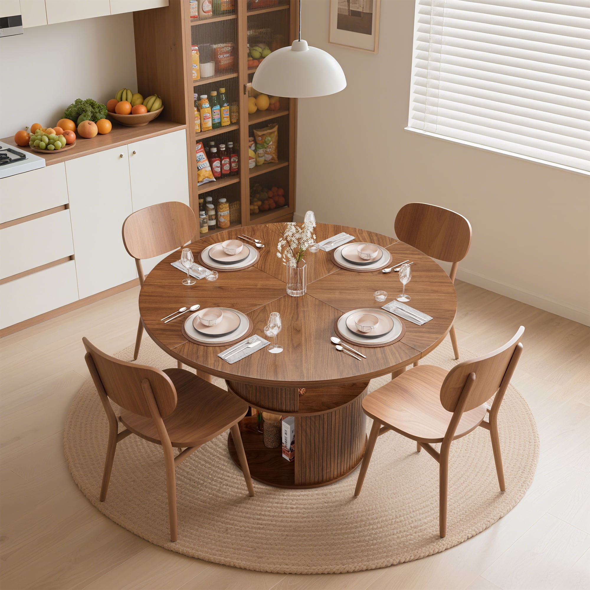 Fiogmub 47 inch Round Dining Table for 4, Circle Kitchen Table with Storage Shelf, Modern Dinner Table for Living Room, Walnut