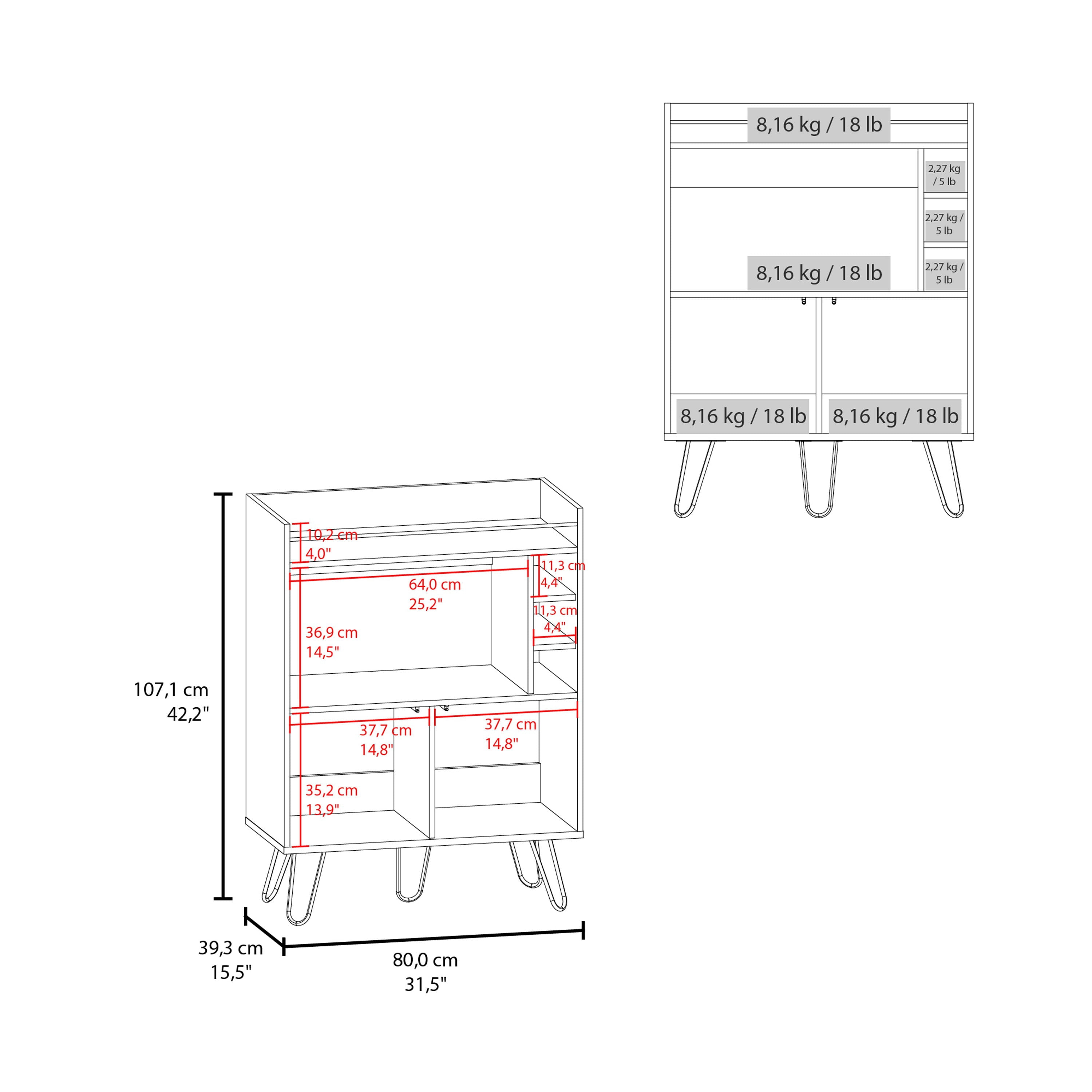 Tori 42" Tall One-Door Bar Cabinet with Three Cubbies, Three Shelves, Top Prep Surface